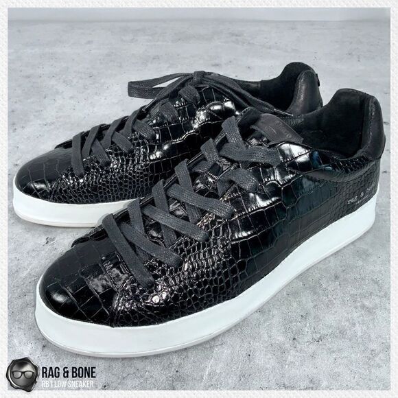 RAG AND BONE RB1 LOW PLATFORM SNEAKERS BLACK CROCODILE EMBOSSED LEATHER SIZE 7.5